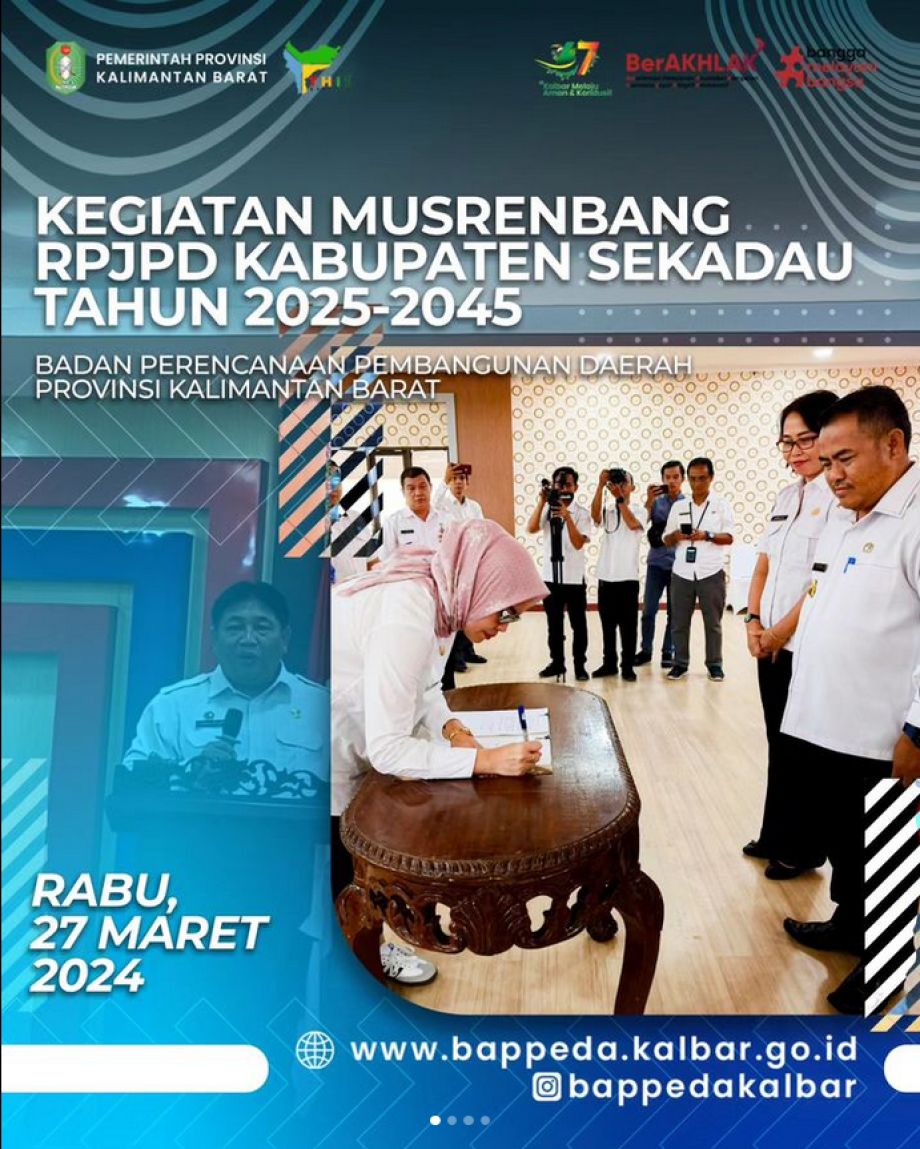 Kepala Bappeda Provinsi Kalimantan Barat yang diwakili oleh Dr. EKA WULANDARI, S.STP, M.Ec.Dev (Penelaah Teknis Kebijakan Bappeda Prov. Kalbar) menjadi Narasumber pada Kegiatan Musrenbang RPJPD Kab. Sekadau Tahun 2025-2045