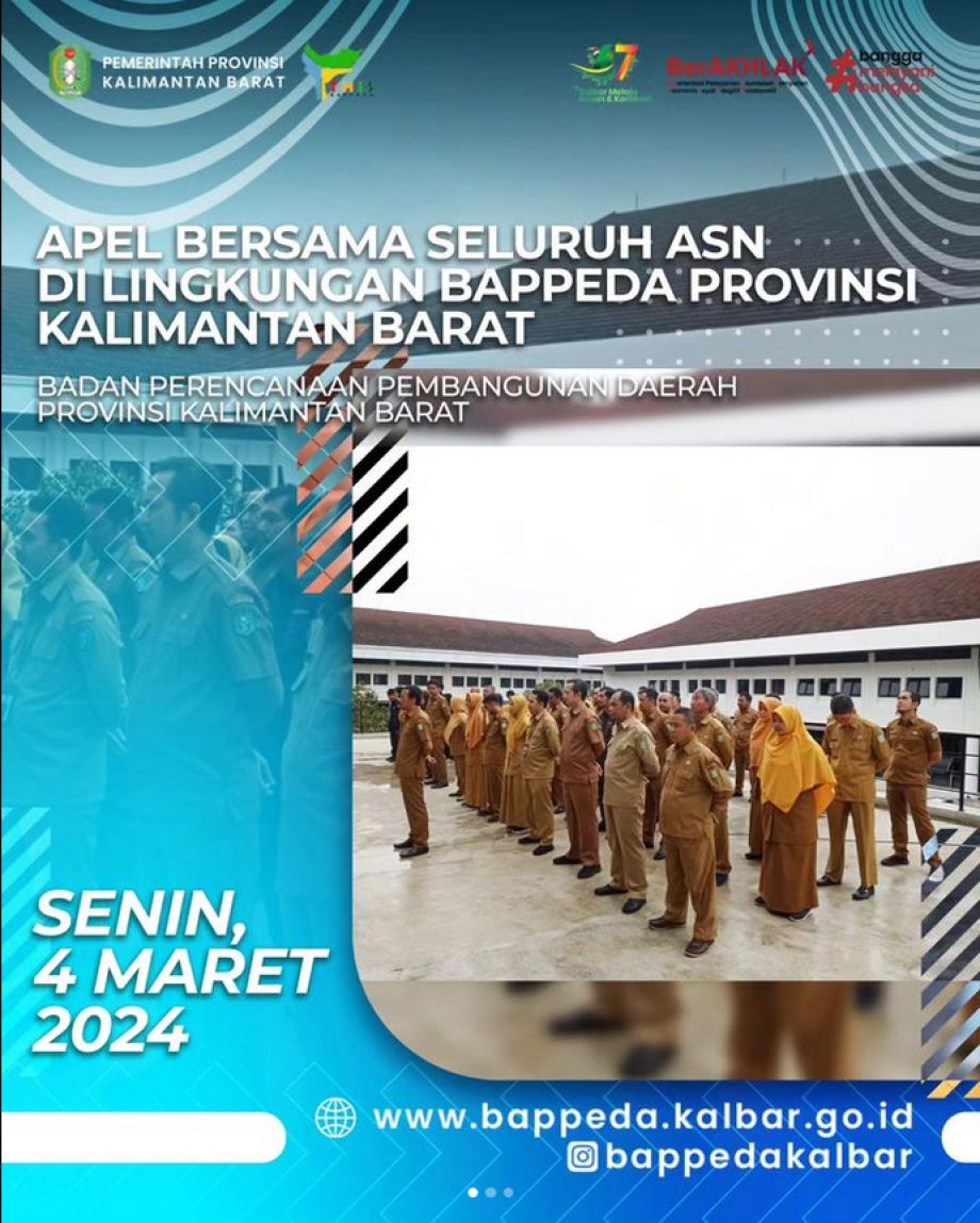 Sekretaris Badan Perencanaan Pembangunan Daerah Provinsi Kalimantan Barat, Drs. Liwono, M.Si menjadi Pembina Apel. Apel diikuti oleh seluruh ASN di lingkungan Bappeda Provinsi Kalimantan Barat bertempat di Rooftop Gedung Terpadu